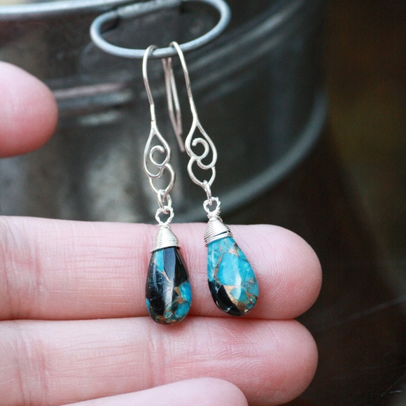 Handcrafted Natural Obsidian Turquoise Earrings Sterling Silver - Picture 1 of 7